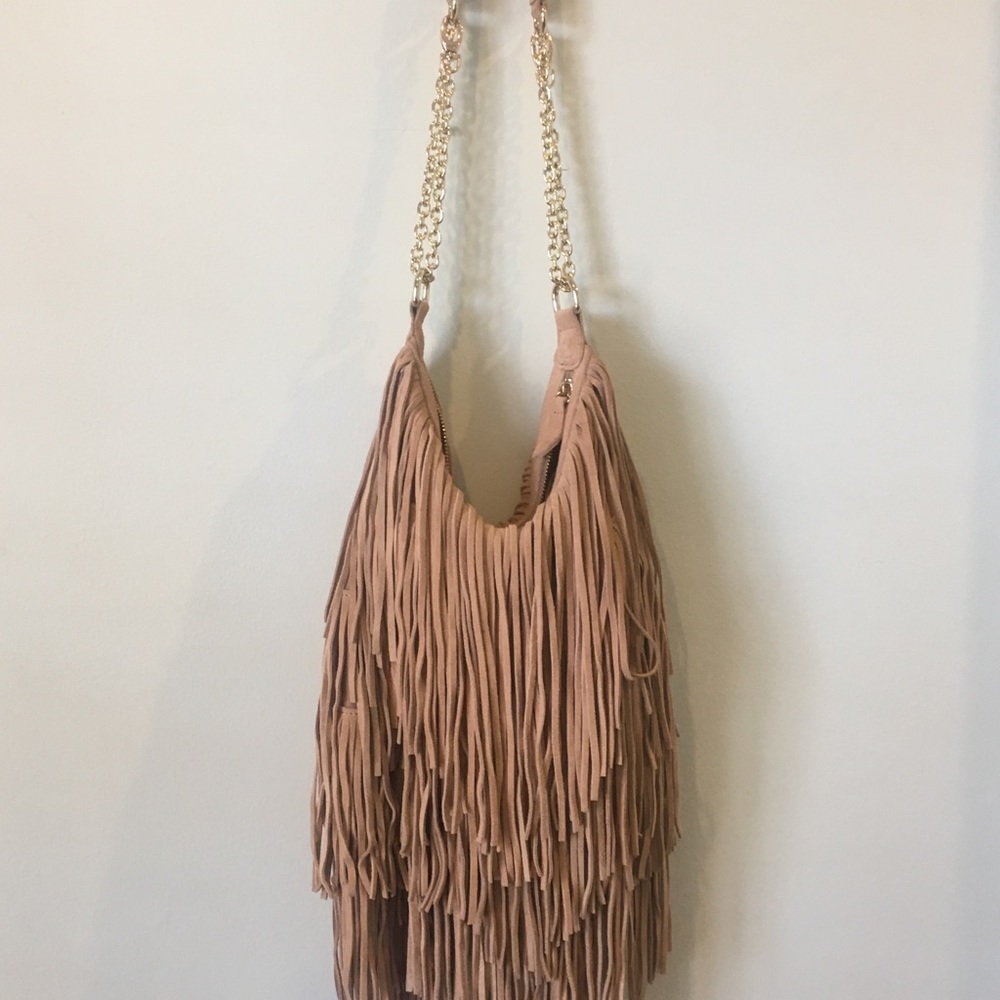 Genuine leather suede light pink fringe bag